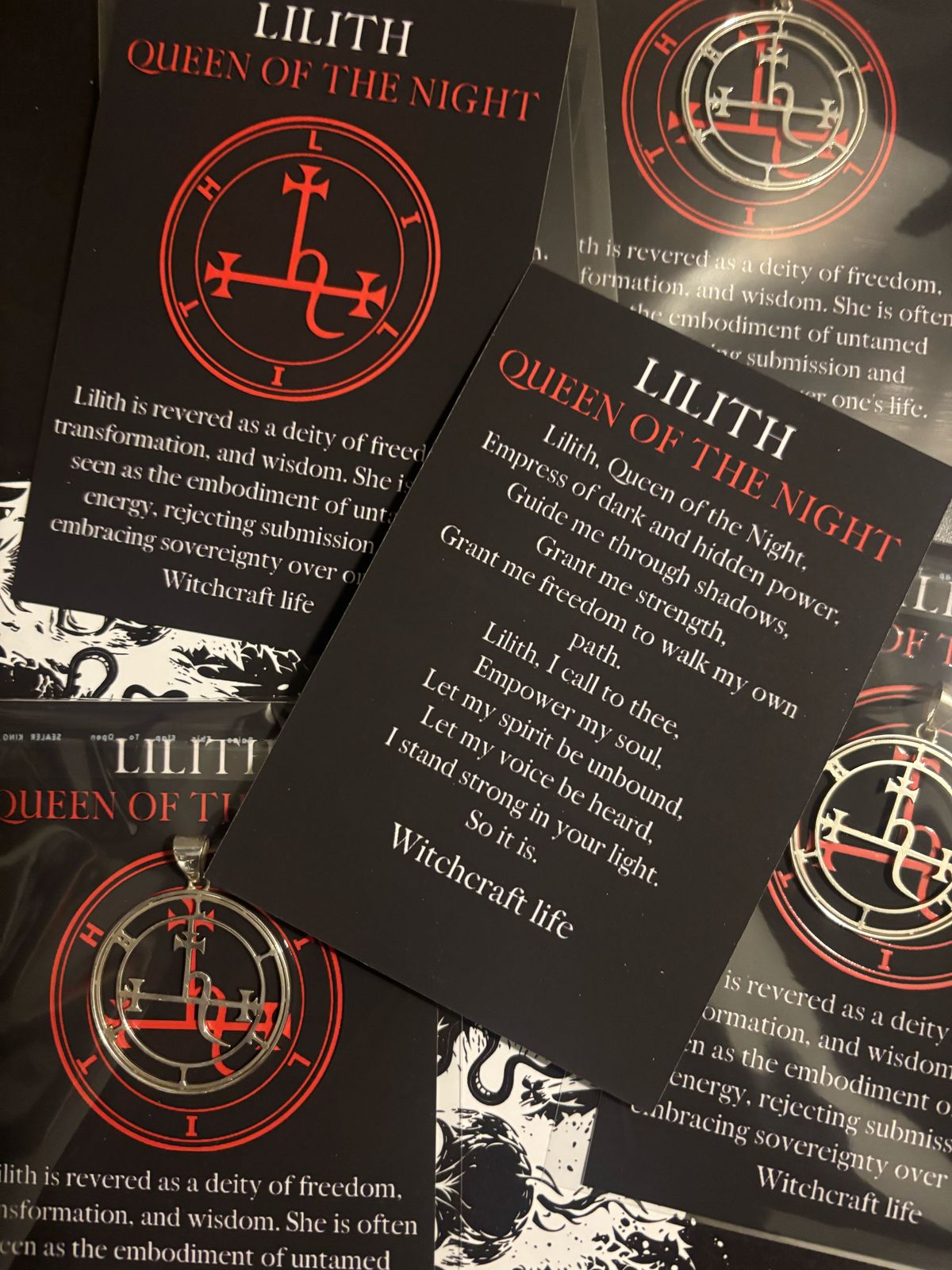 Lilith sigil pendant with ritual card – a powerful talisman for divine feminine energy, shadow work, sensuality, and spiritual empowerment. Ideal for witches, occult practitioners, and dark feminine rituals