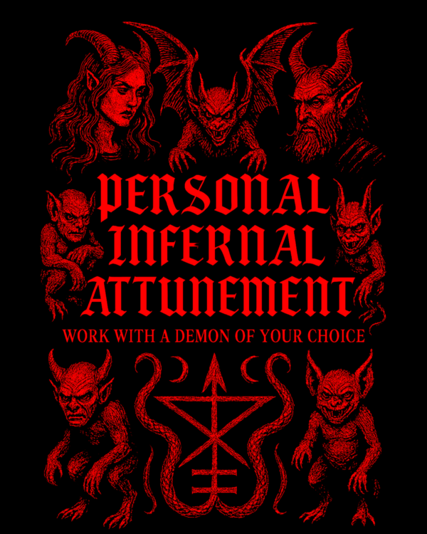 Digital artwork featuring five infernal demons surrounding bold Gothic text that reads ‘Personal Infernal Attunement – Work with a Demon of Your Choice.’ Set in a bright red and black occult art style, the image evokes dark magick, demonic invocation, and personal spiritual empowermen