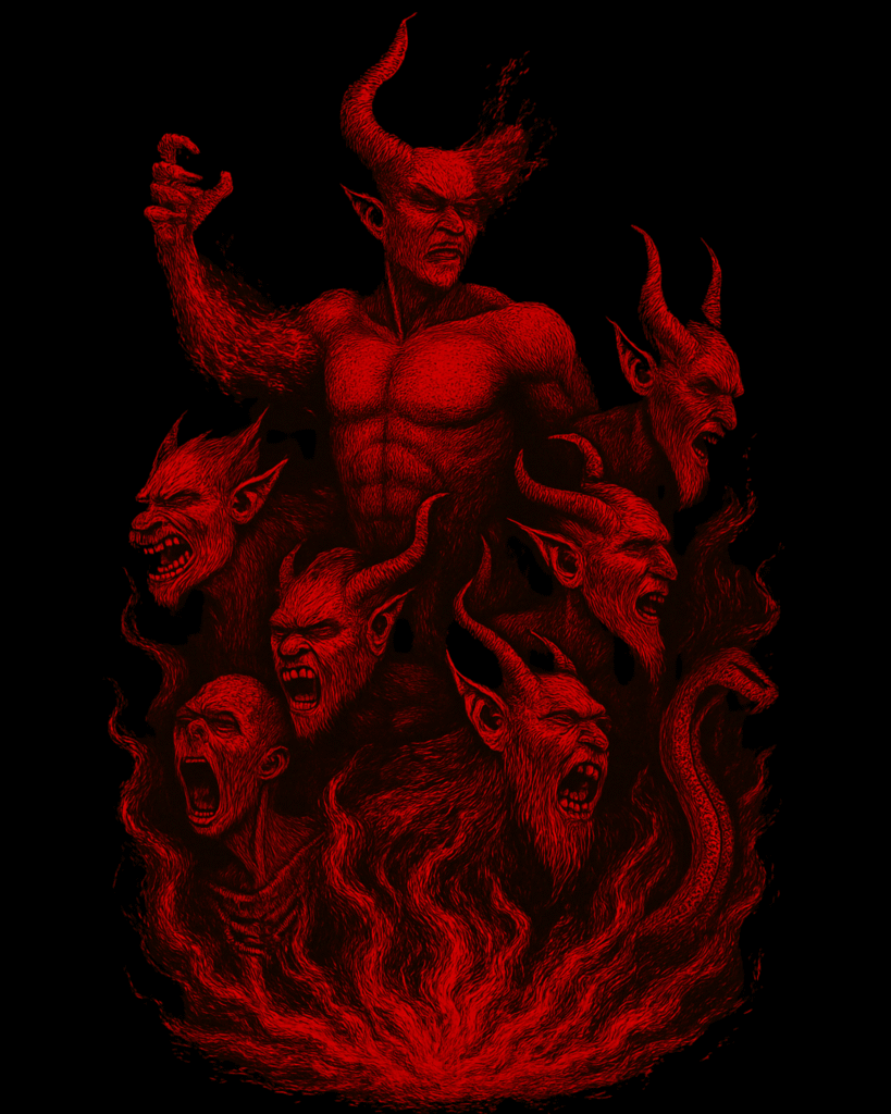 Multiple demonic faces emerging from flames, symbolizing chaos, backlash, and inner shadow rising