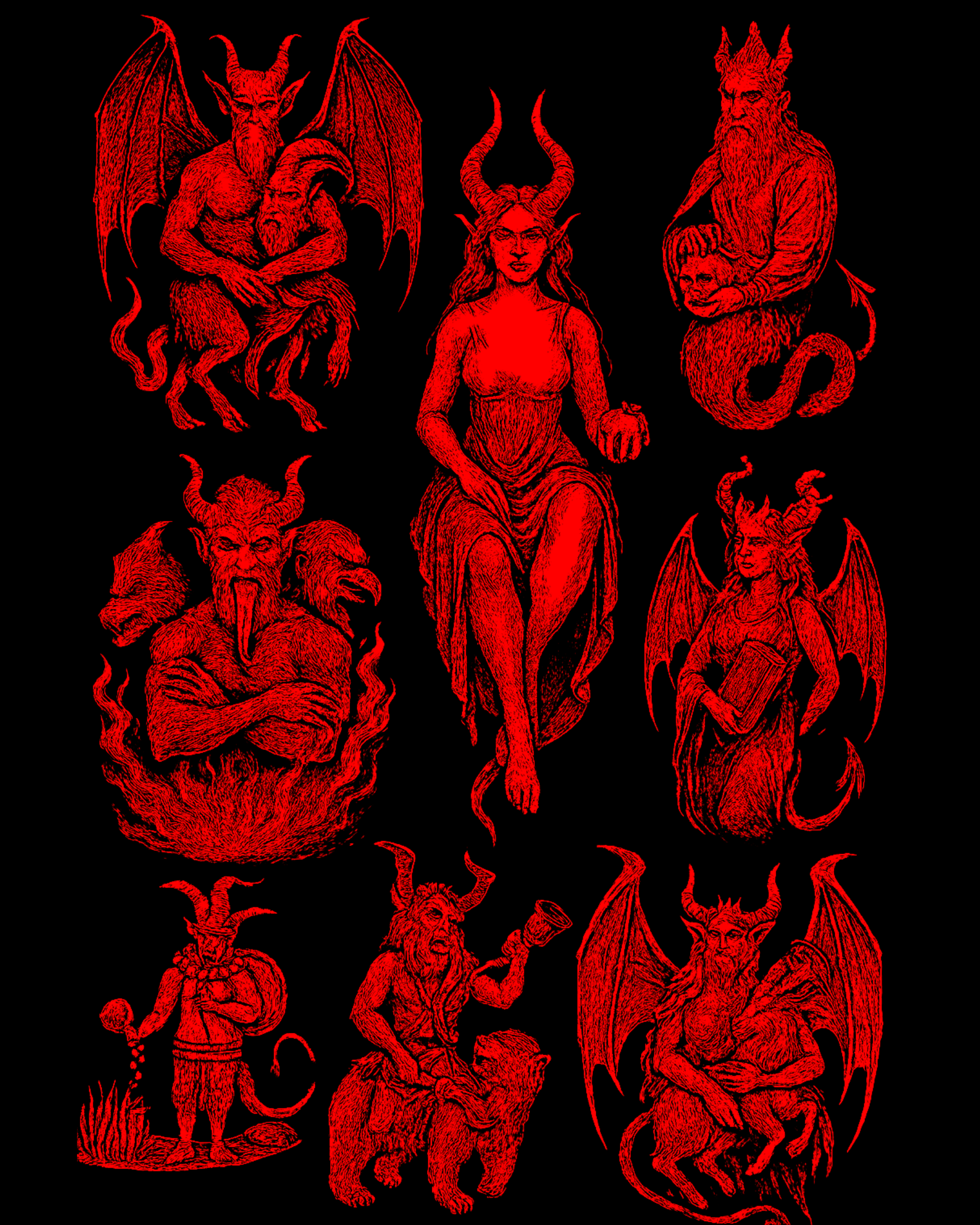 Illustration of nine Goetic demons in red and black art style – symbolizing infernal forces taught in our advanced Demonology Course with Lucifer and 72 Goetian spirits