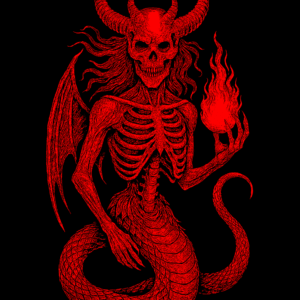 “Red skeletal jinn demon with horns, wings, and a serpent tail holding a flame, on a black background”