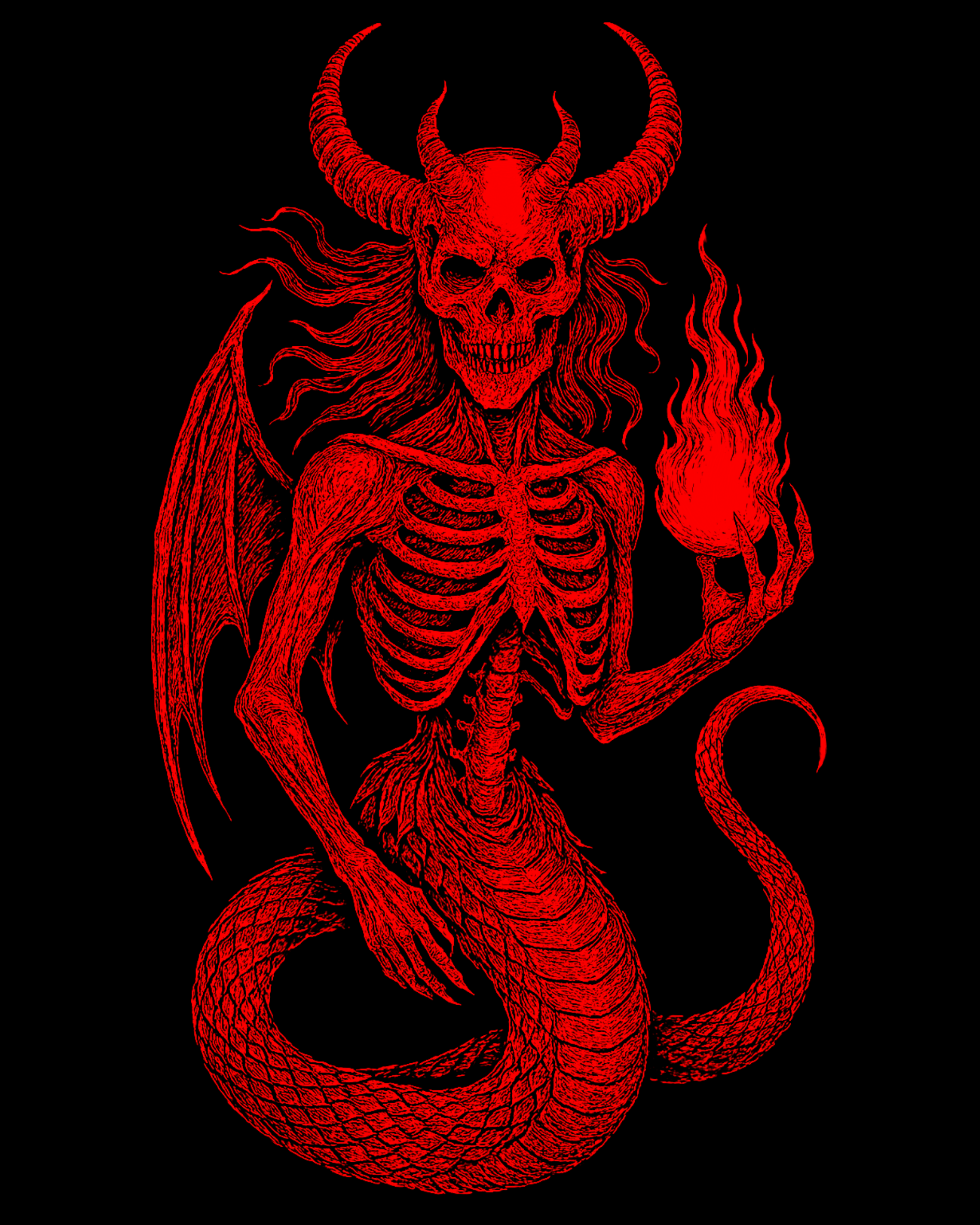 “Red skeletal jinn demon with horns, wings, and a serpent tail holding a flame, on a black background”