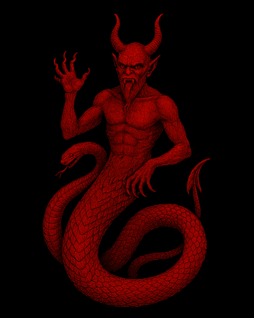 A striking red illustration of a skeletal jinn demon—horned and winged—with a coiled serpent tail, holding a burning flame in its left hand. Symbolic of infernal wisdom and fire-born power, this image embodies the ancient force of the jinn realm. Perfectly themed for invoking spirits of fire, wrath, and transformation.