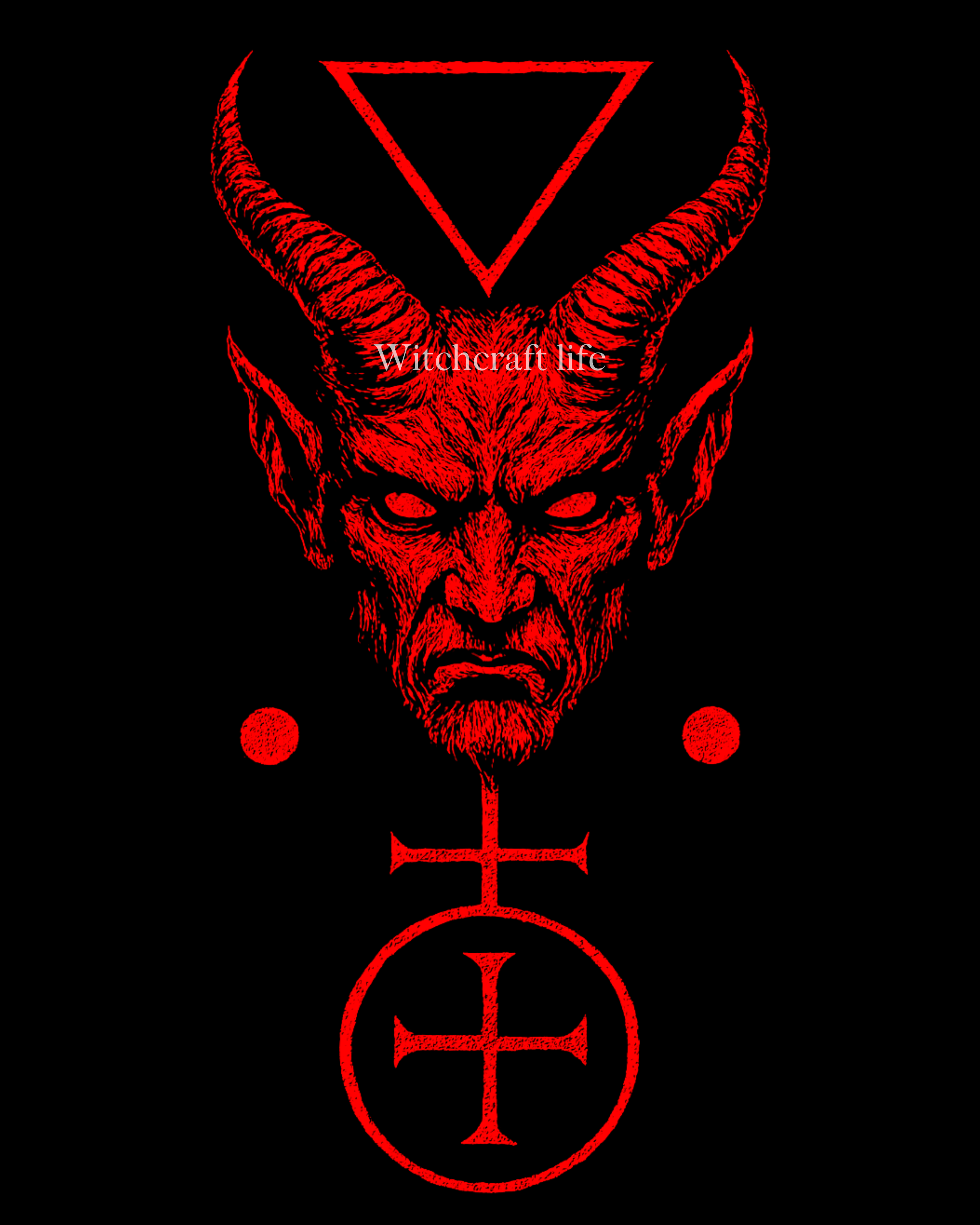 Red infernal demonic figure with horns and Clauneck’s sigil overlayed in vivid red against a pitch-black background