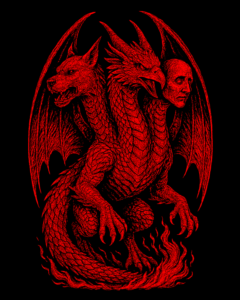 Three-headed demonic beast with dragon body, dog, human, and bird-like heads, surrounded by red flames, with bat wings and infernal detailing on a pitch-black background — symbolizing infernal transformation and demonic power.