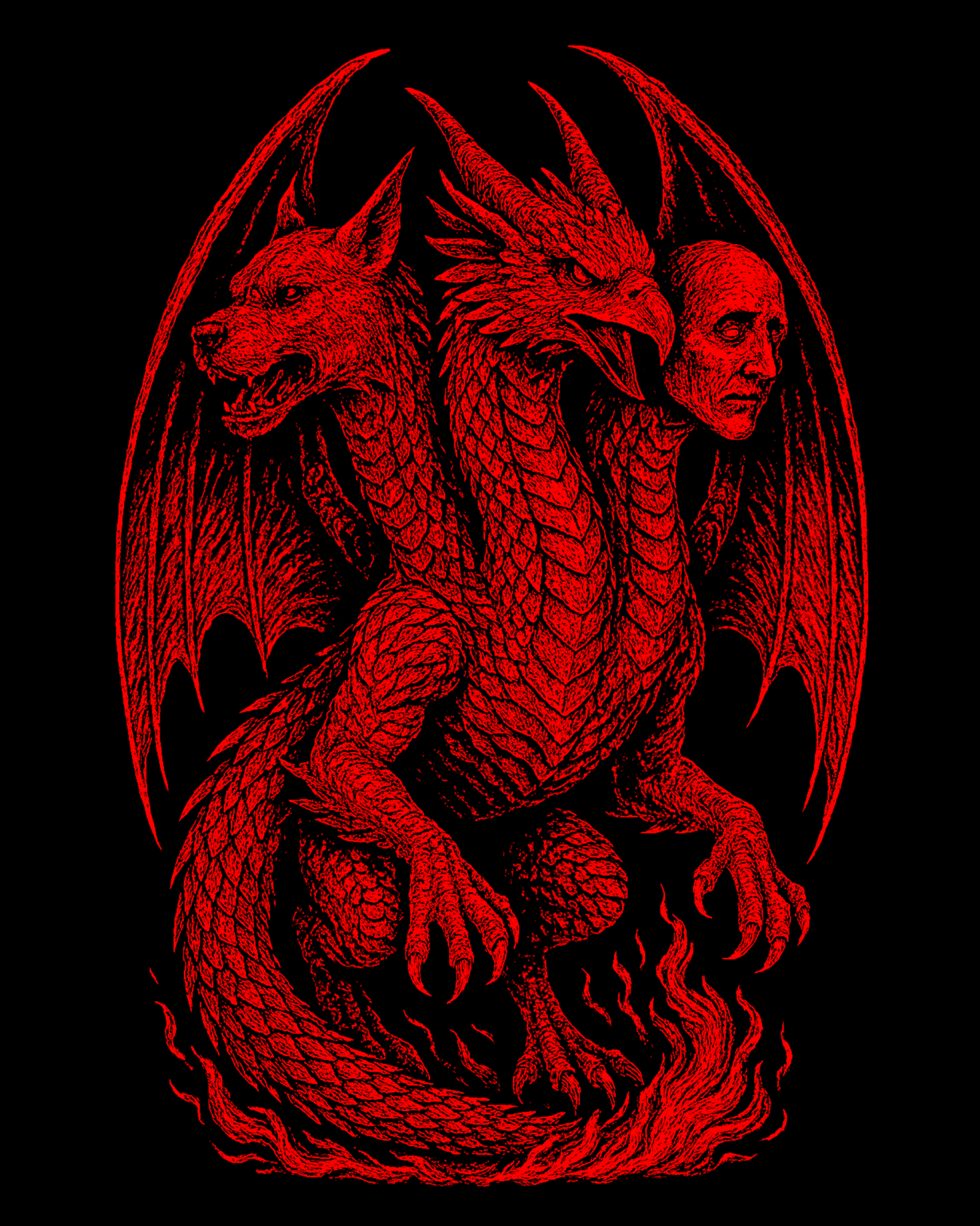Three-headed demonic beast with dragon body, dog, human, and bird-like heads, surrounded by red flames, with bat wings and infernal detailing on a pitch-black background — symbolizing infernal transformation and demonic power.