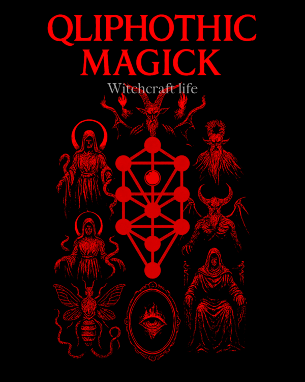 Cover of Qliphothic Magick Course featuring red-on-black Tree of Qliphoth, demonic silhouettes, and title text "Qliphothic Magick" in glowing red infernal script