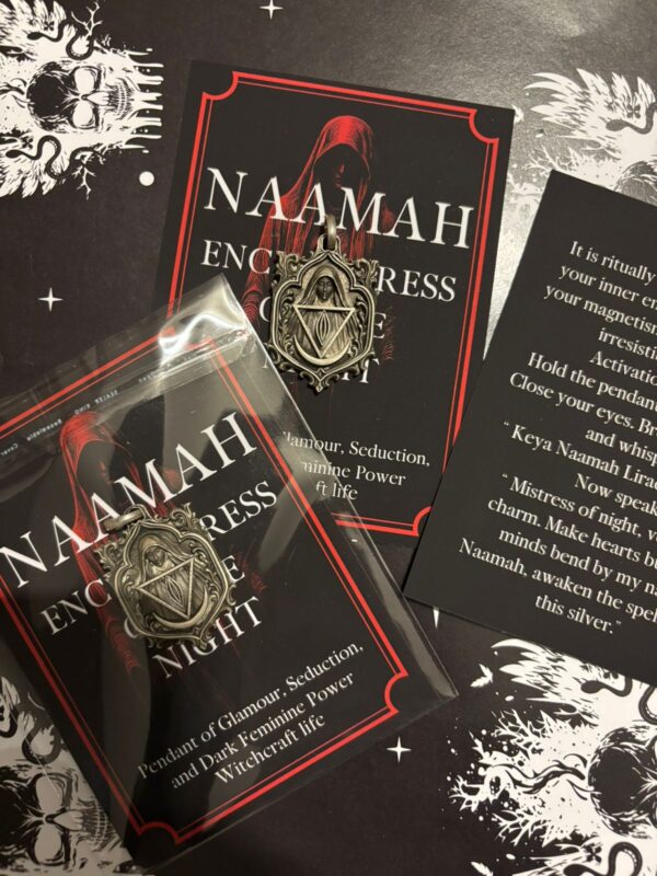 Naamah sigil pendant on a black background – gothic demoness jewelry for glamour and psychic seduction.