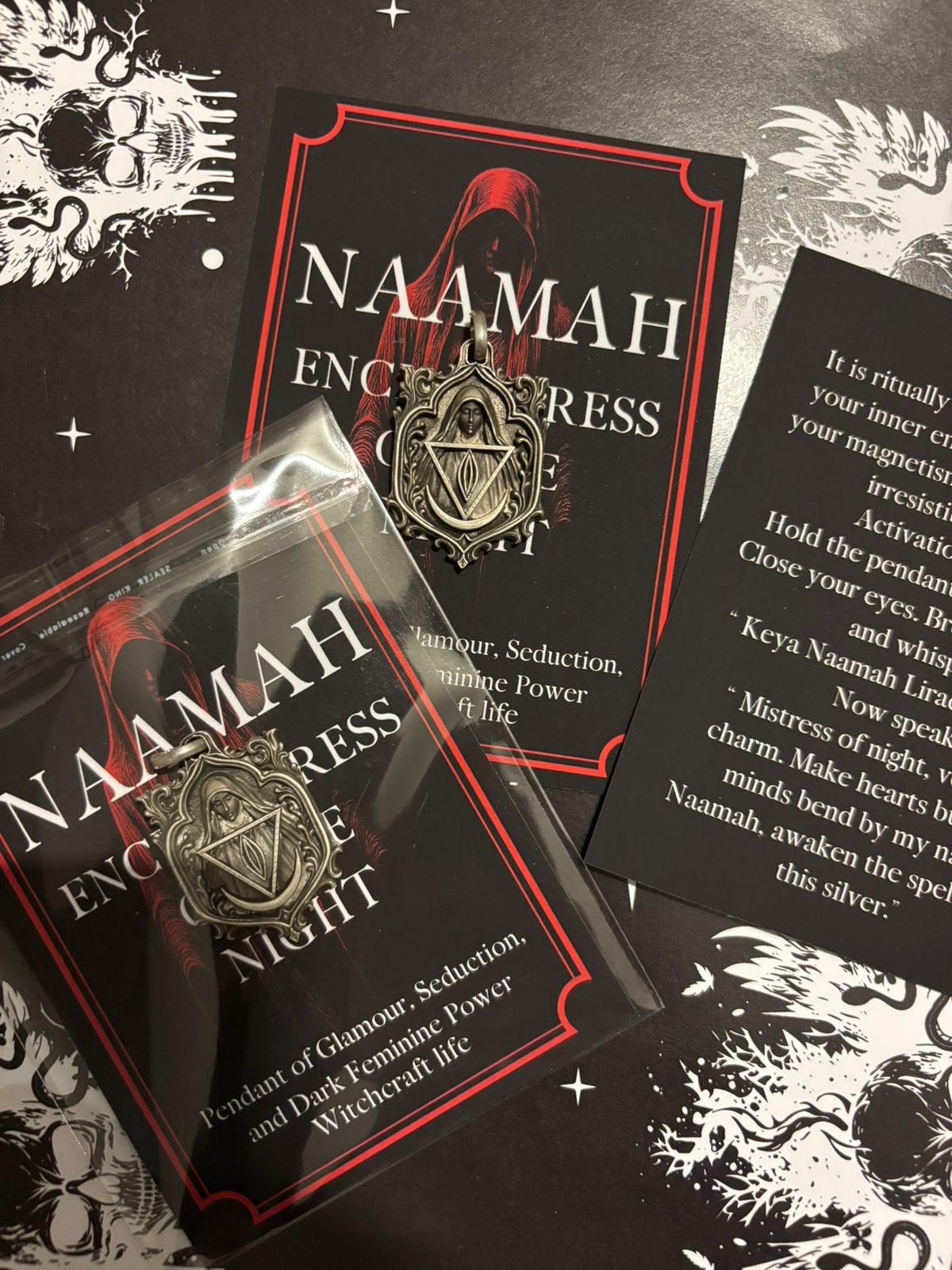 Naamah sigil pendant on a black background – gothic demoness jewelry for glamour and psychic seduction.