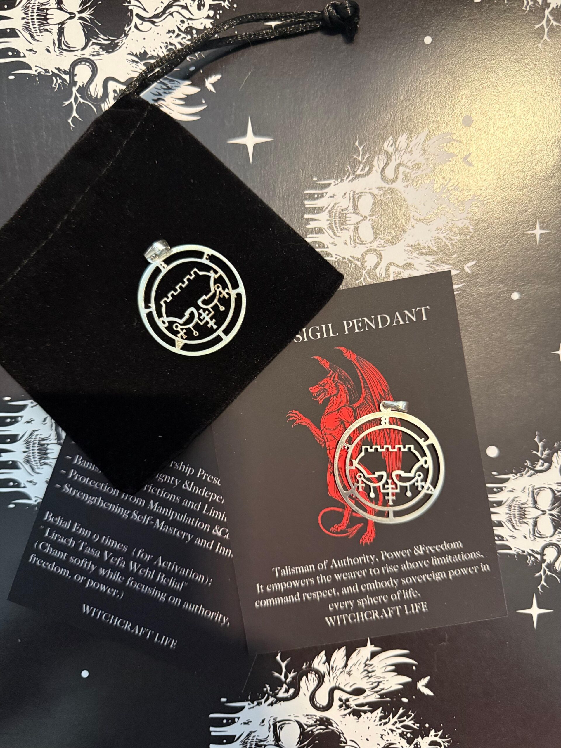 Belial Sigil Pendant by Witchcraft Life – consecrated talisman of authority, power, and freedom, silver finish with velvet pouch and ritual card