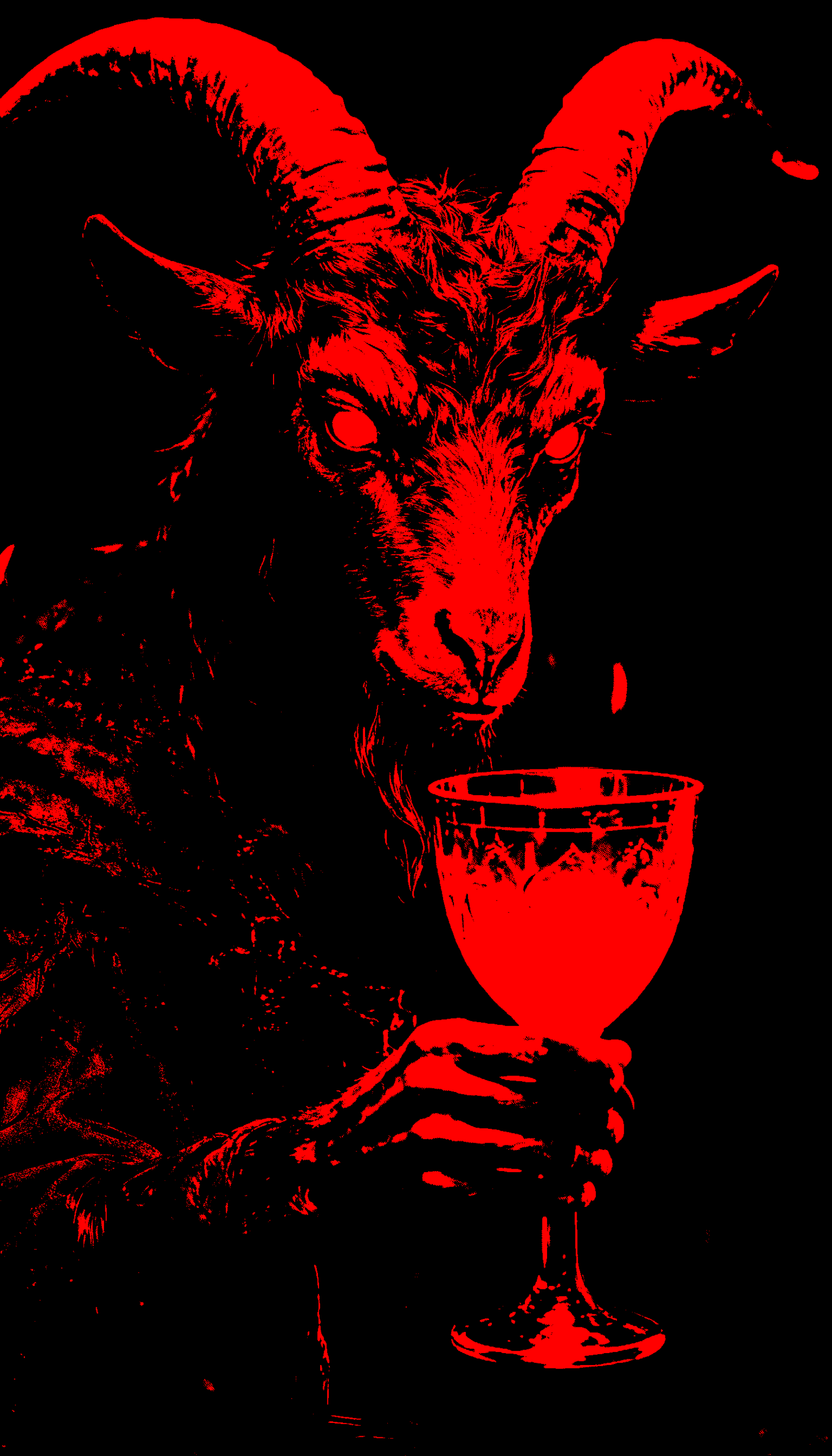 Bright red demonic goat-headed entity holding a ritual chalice on a pitch-black background, high-detail infernal artwork, occult demon illustration, Goetic aesthetic, WitchcraftLife demon art